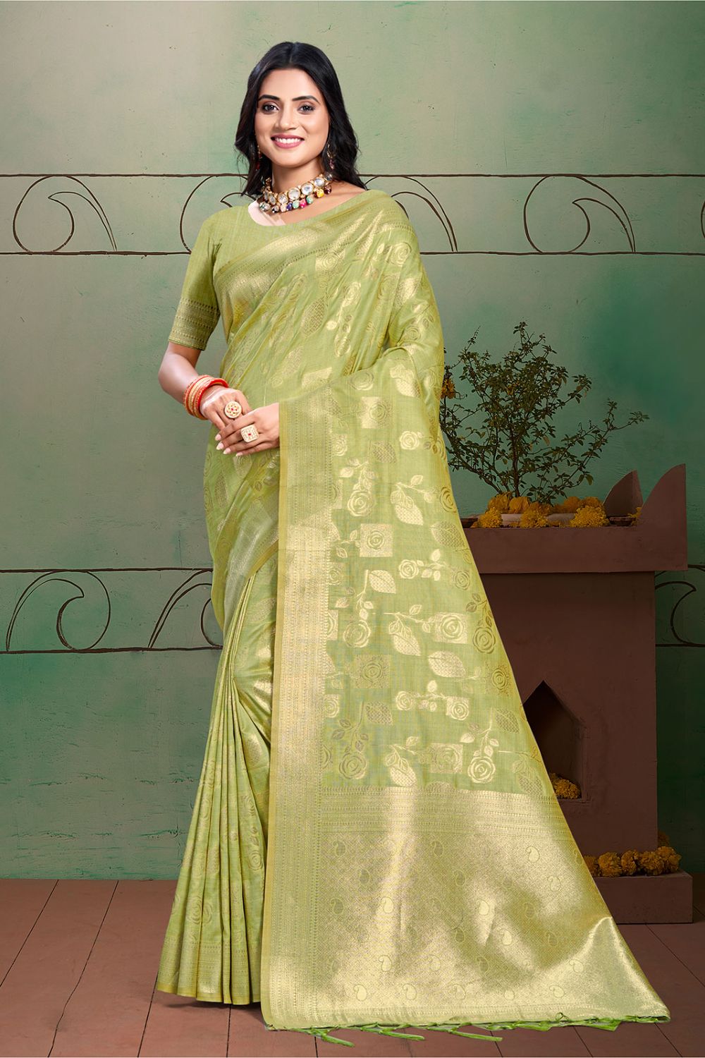 Sauf Green Cotton Silk Zari Woven Saree