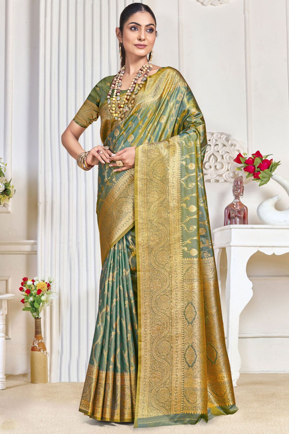 Sauf Green Silk Woven Work Saree