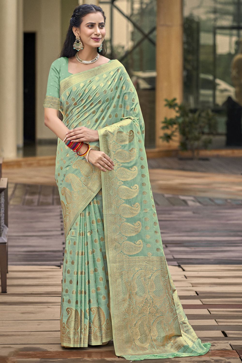 Sauf Green Silk Woven Work Saree