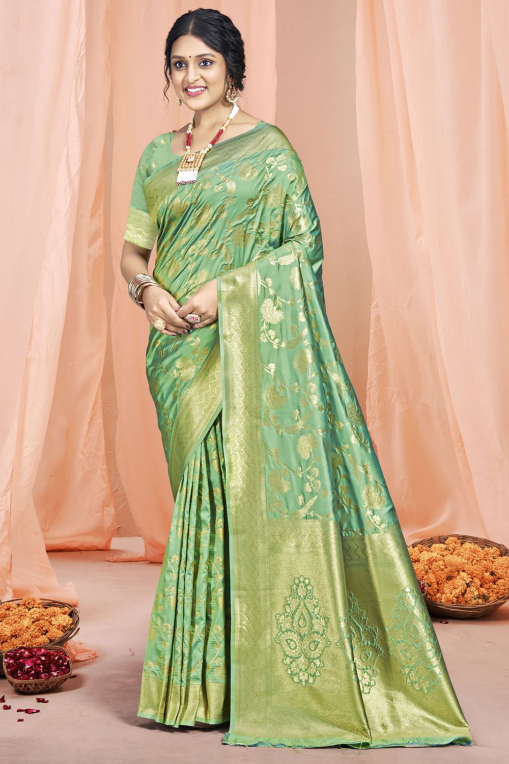 Sauf Green Silk Woven Work Saree