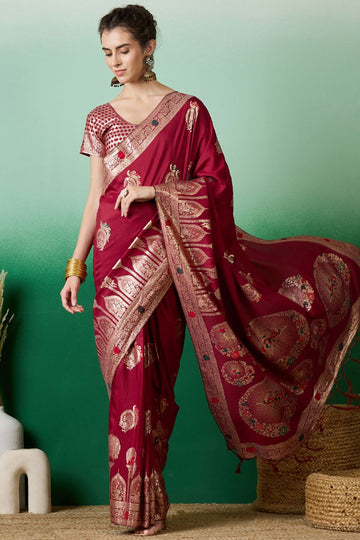 Scarlet Red Dola Jacquard Zari Woven Saree for Party