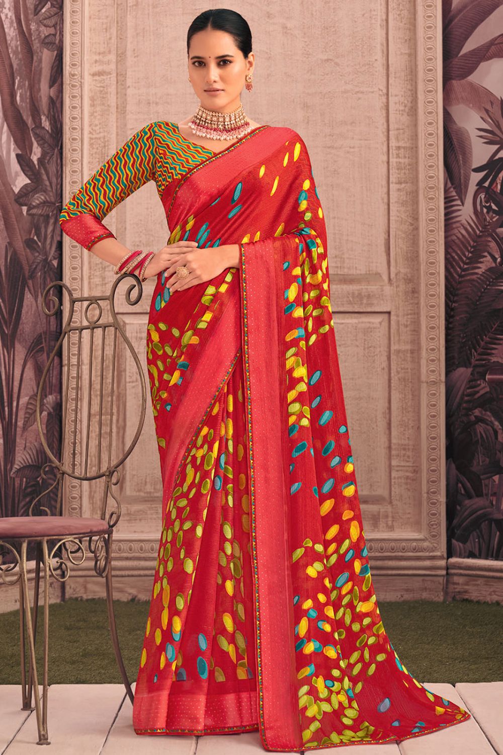 Scarlet Red Printed Georgette Casual Wear Saree