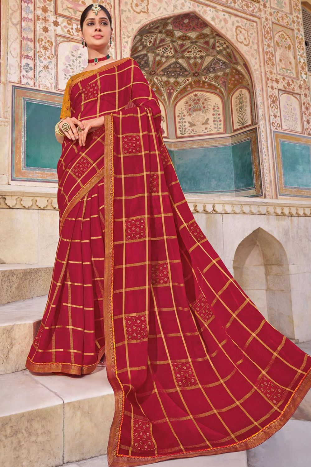 Scarlet Red Chiffon Saree for Festival