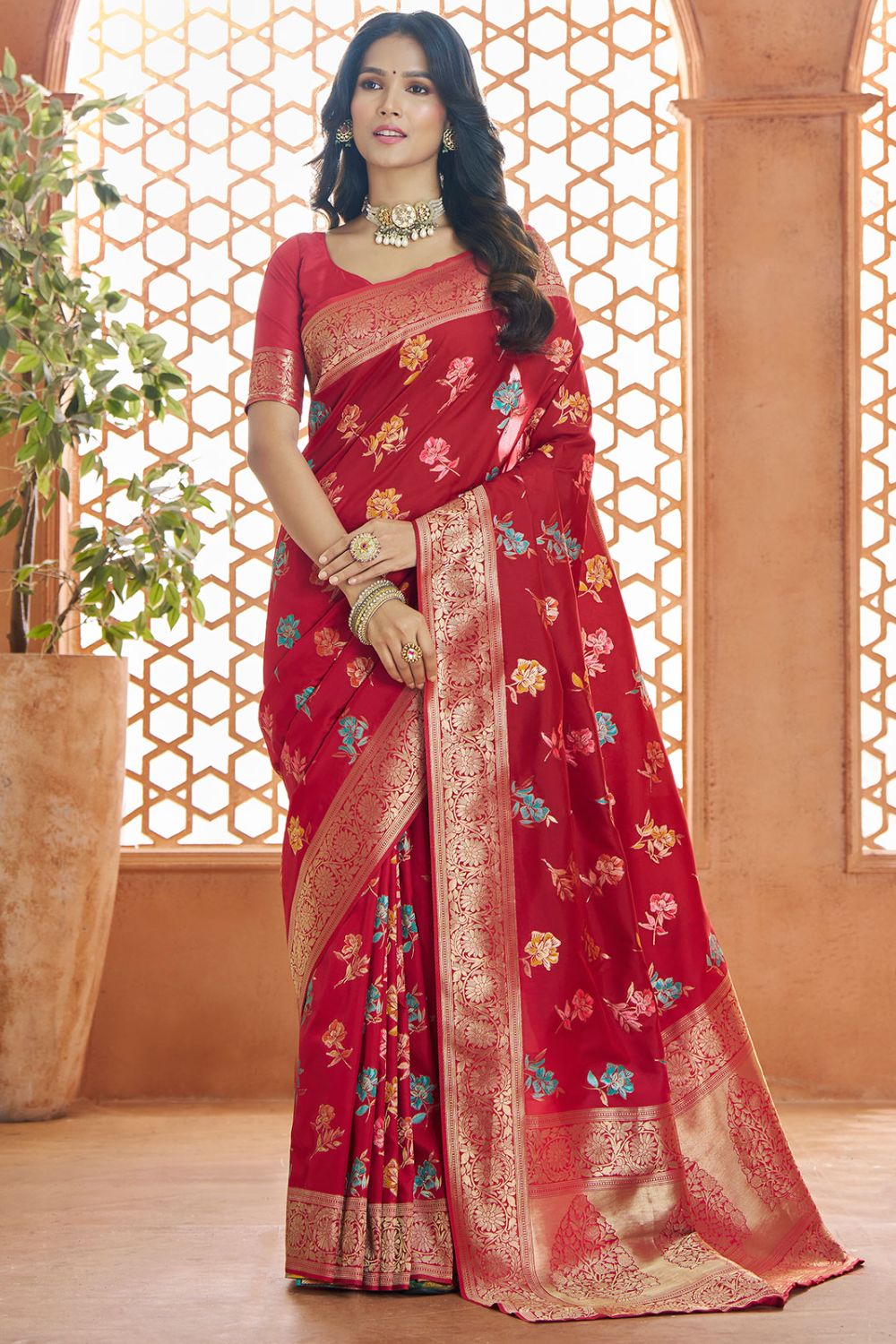 Scarlet Red Pure Banarasi Silk Zari Weaving Saree