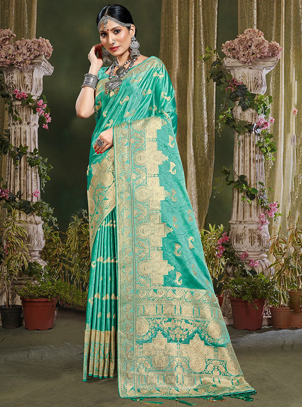 Sea Green Banarasi Silk Woven Saree for Festival