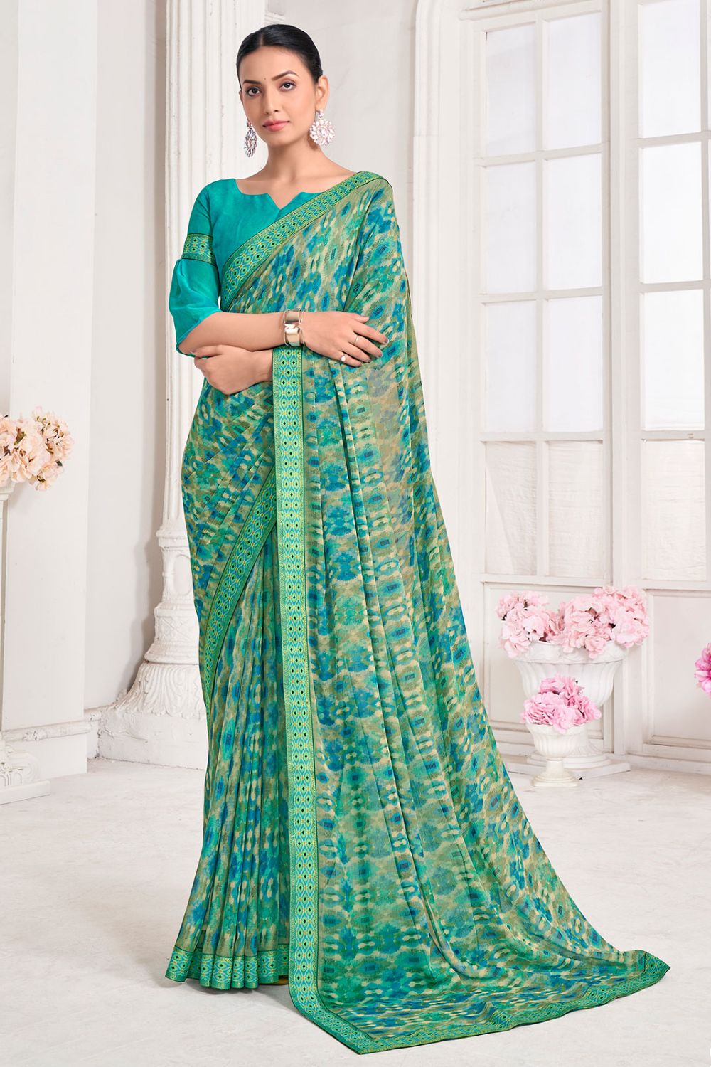 Sea Green Chiffon Printed Party Wear Saree