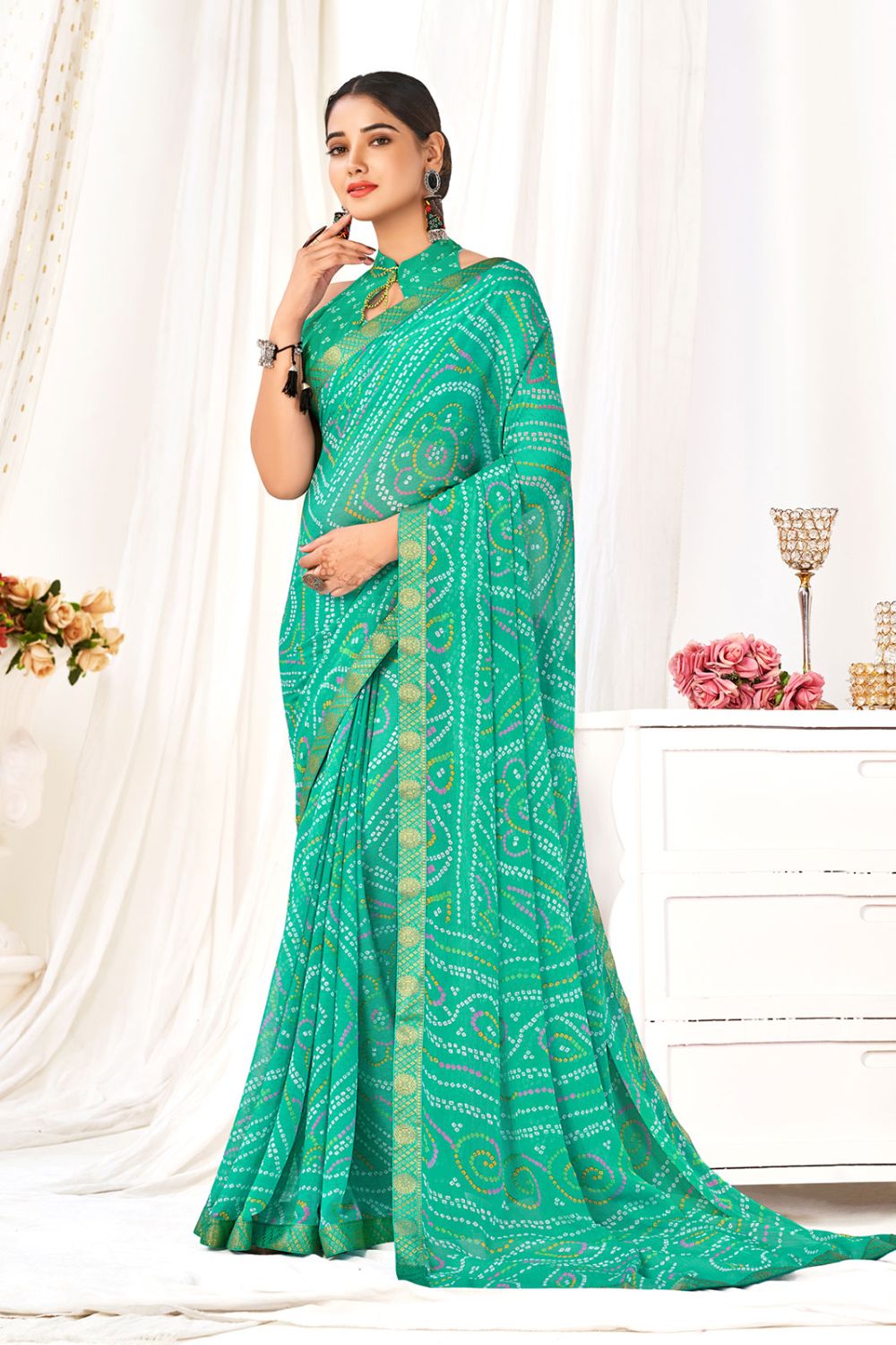 Sea Green Chiffon Printed Casual Wear Saree