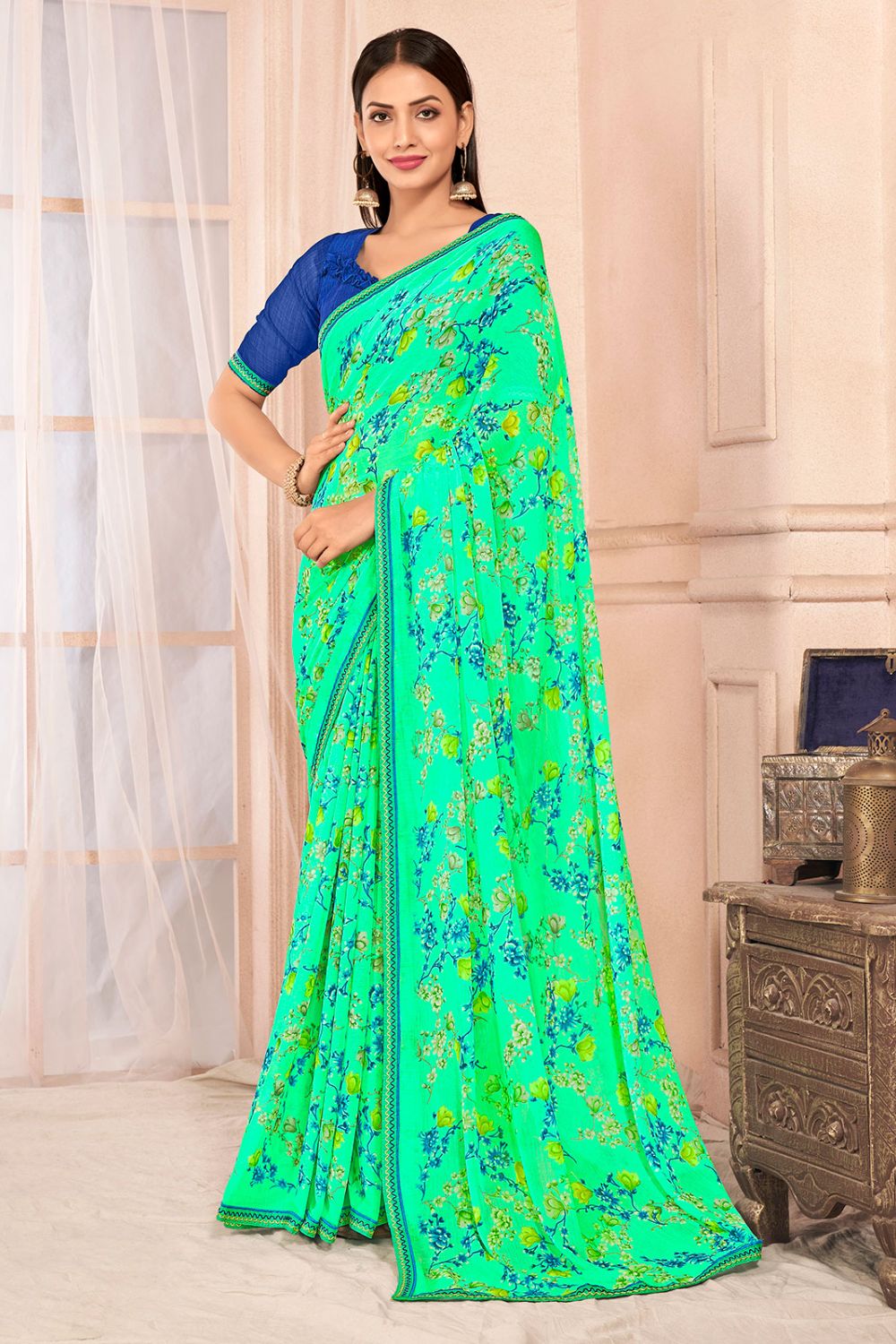 Sea Green Chiffon Printed Casual Wear Saree