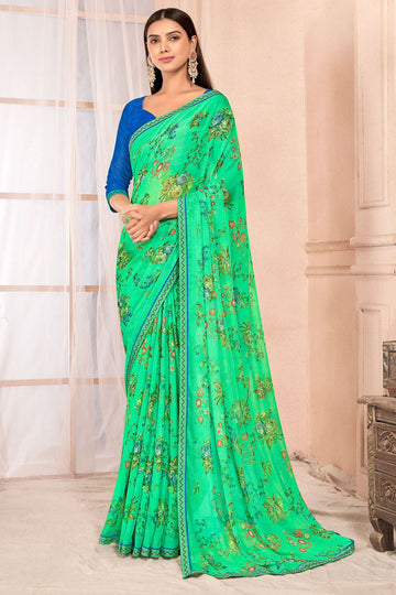 Sea Green Chiffon Printed Casual Wear Saree