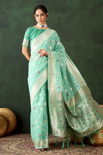 Sea Green Cotton Woven Party Wear Saree