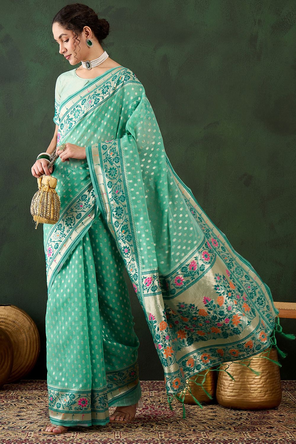 Sea Green Cotton Woven Party Wear Saree