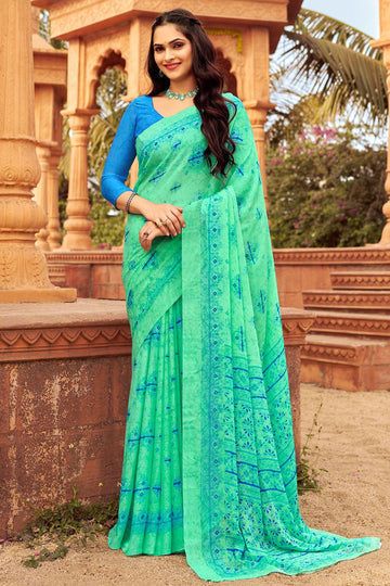 Sea Green Digital Printed Chiffon Casual Wear Saree