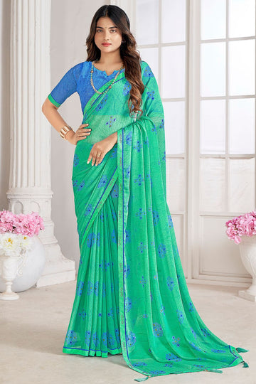 Sea Green Digital Printed Chiffon Casual Wear Saree