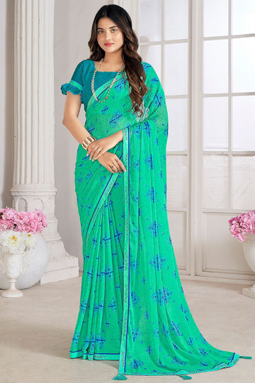 Sea Green Digital Printed Chiffon Casual Wear Saree