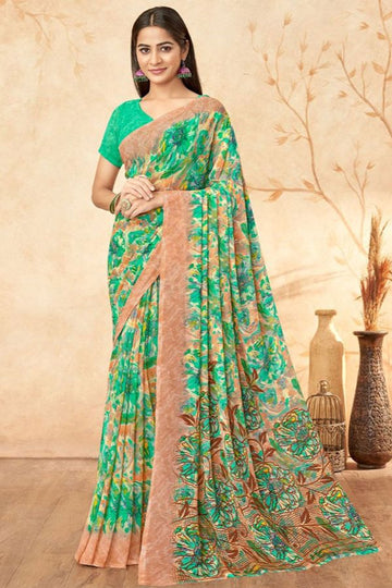 Sea Green Printed Georgette Casual Saree