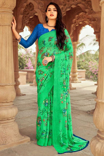 Sea Green Floral Printed Chiffon Casual Wear Saree