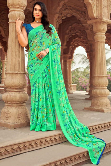 Sea Green Floral Printed Chiffon Casual Wear Saree