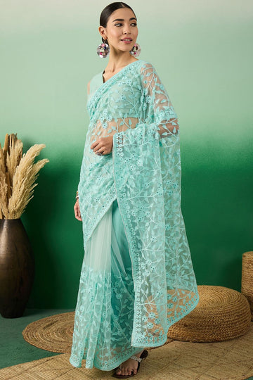 Sea Green Net Embroidered Saree for Party