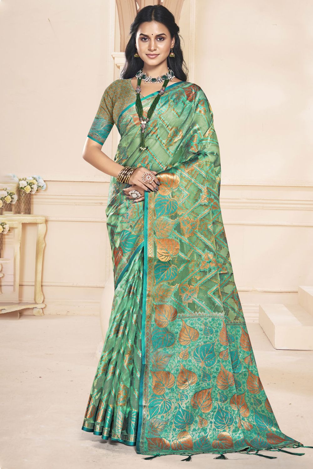 Sea Green Organza Party Wear Saree