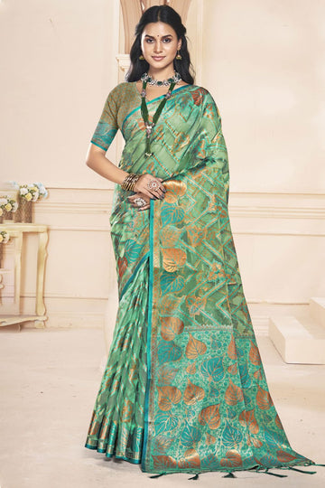 Sea Green Woven Partywear Organza Saree