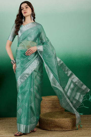 Sea Green Organza Woven Party Wear Saree