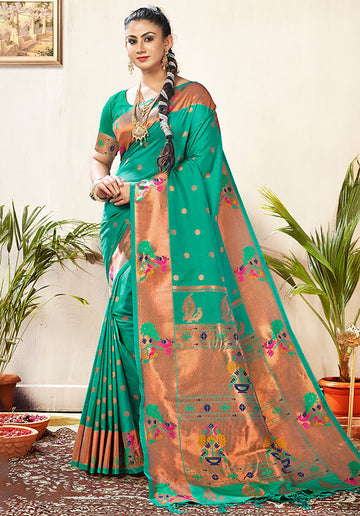 Sea Green Paithani Silk Woven Saree for Festival