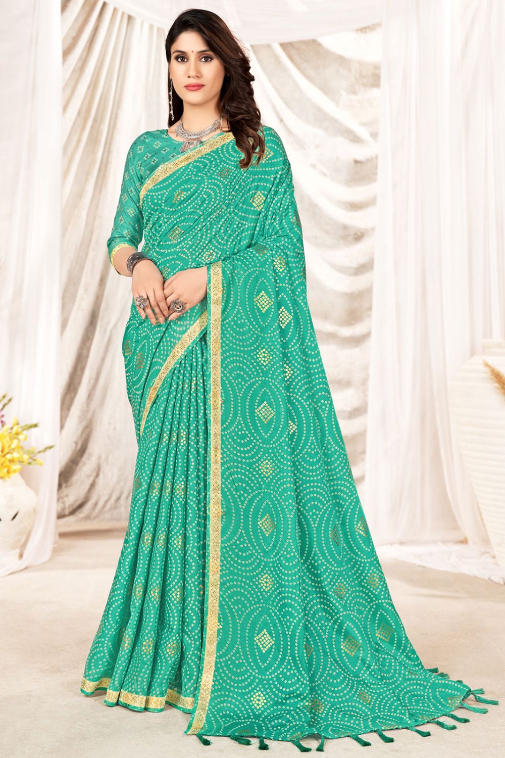 Sea Green Foil Printed Party Wear Saree