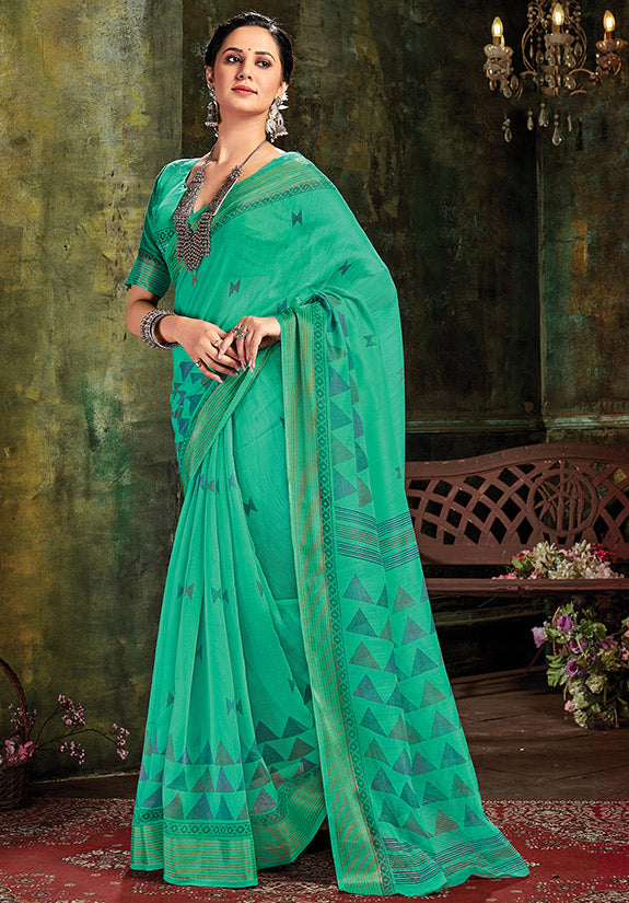 Sea Green Printed Cotton Saree for Party