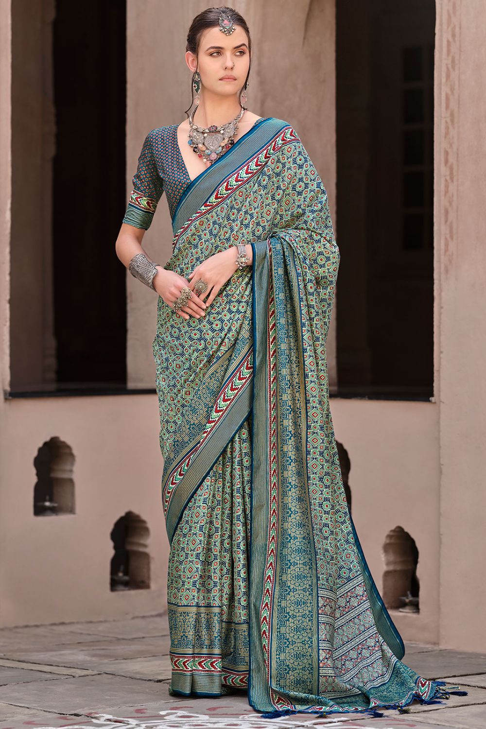 Sea Green Silk Printed Saree for Party