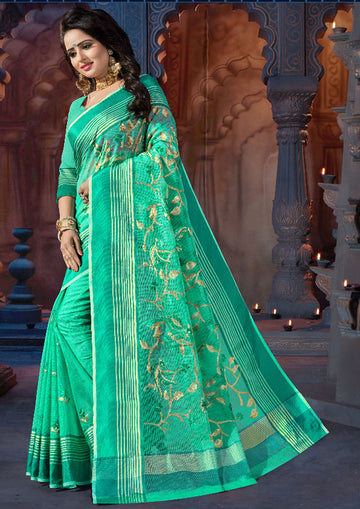 Sea Green Printed Supernet Saree for Party