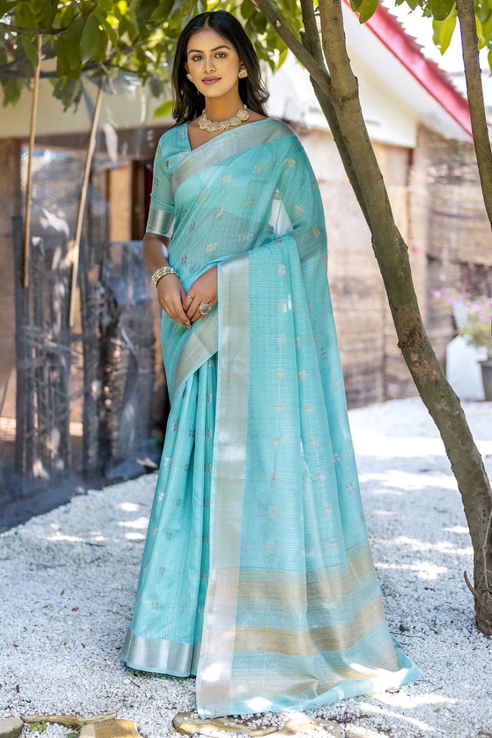 Sea Blue Pure Cotton Zari Woven Party Wear Saree