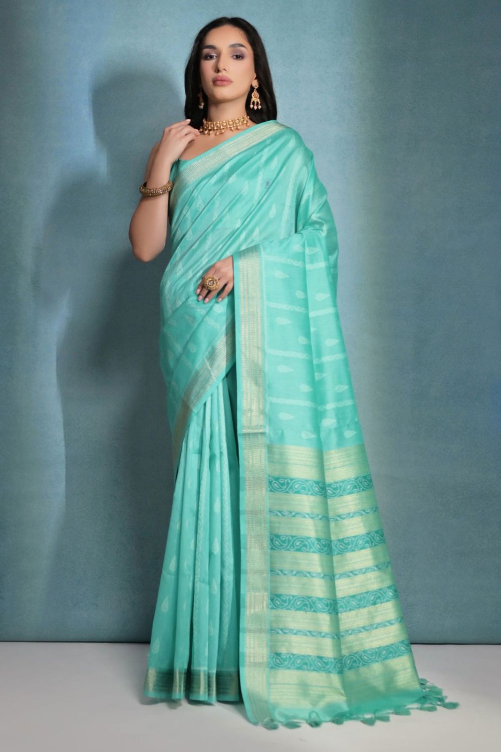 Sea Green Raw Silk Woven Party Wear Saree