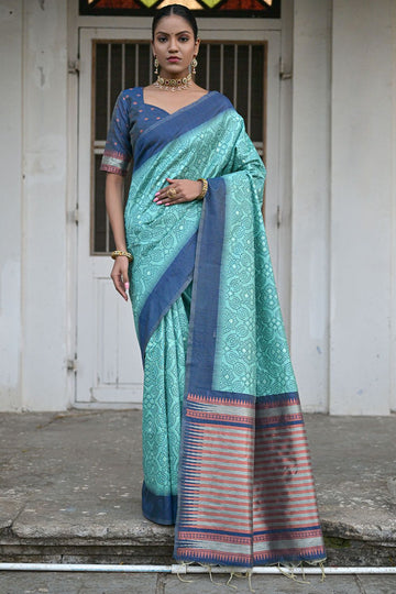 Sea Blue Raw Silk Zari Woven for Party