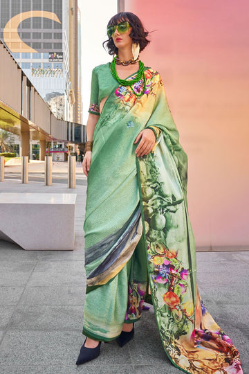 Sea Green Digital Printed Satin Saree