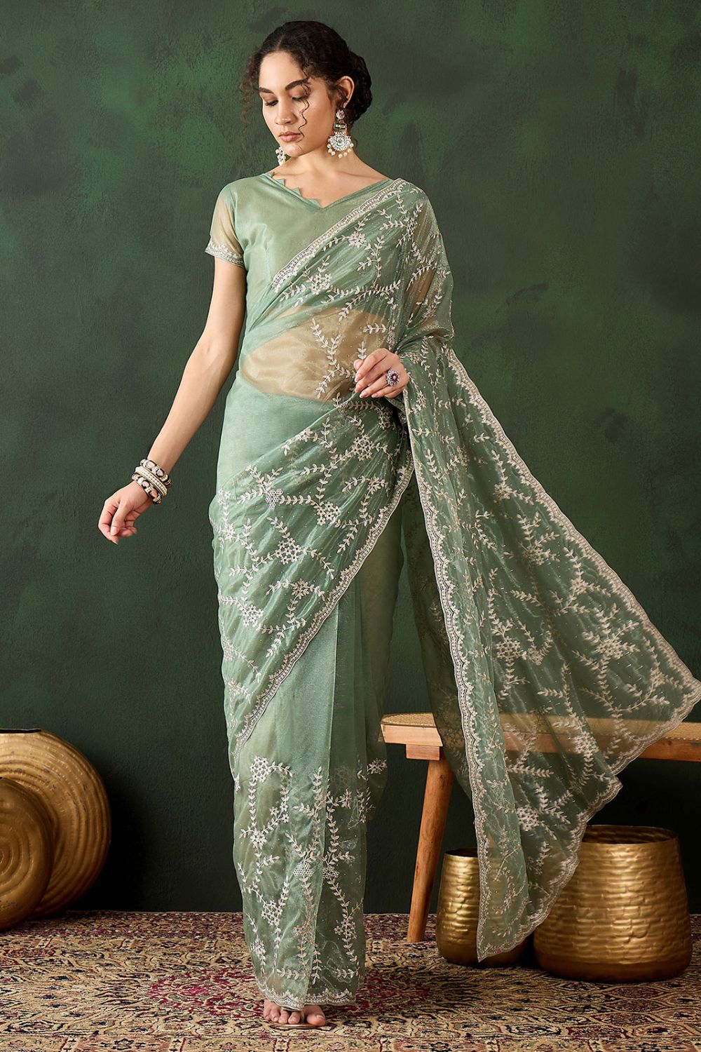 Sea Green Shimmer Embroidered Party Wear Saree