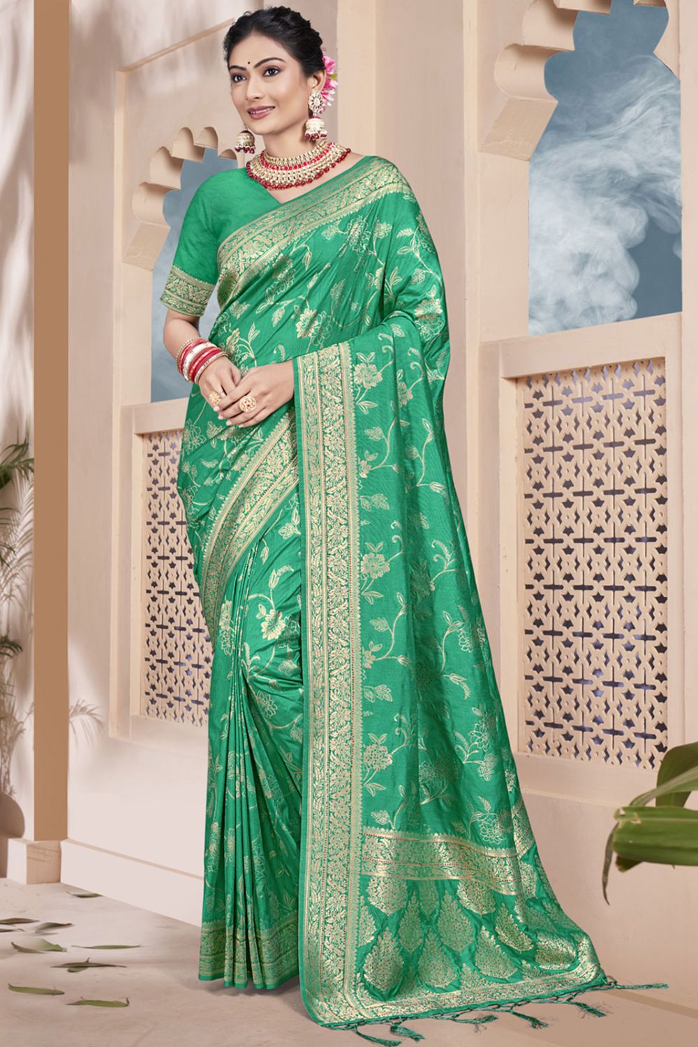 Sea Green Silk Woven Work Saree