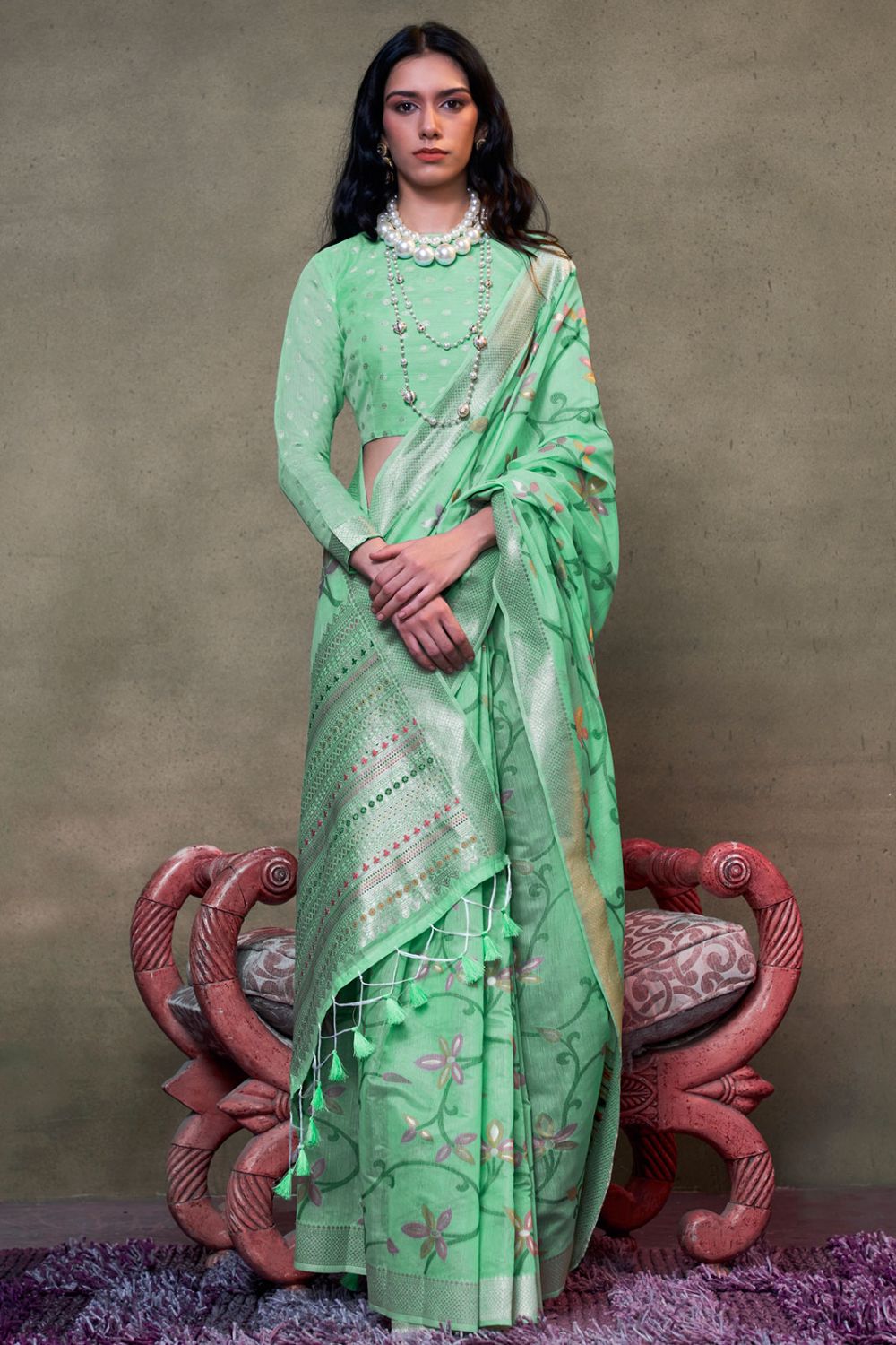 Sea Green Zari Woven Mal Spun Cotton Saree for Party