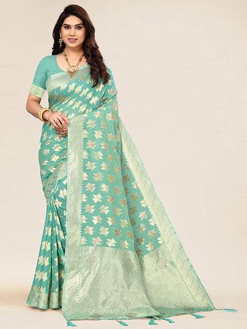 Sea Green Zari Weaving Work Saree