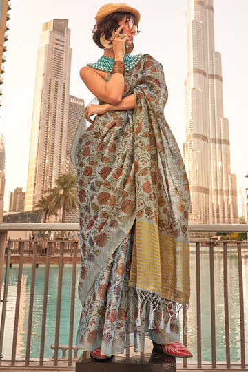 Silver Grey Hand Woven Zari Tissue Festival Wear Saree