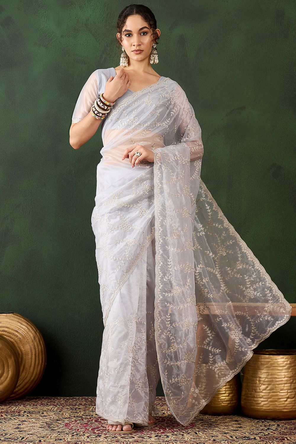 Silver Shimmer Embroidered Party Wear Saree