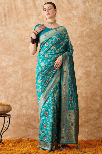 Sky Blue Banarasi Silk Saree for Festival