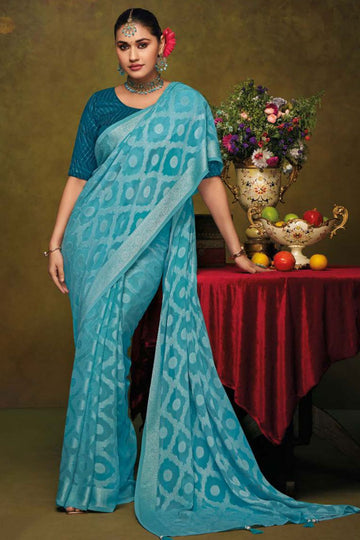 Sky Blue Brasso Saree with Embroidered Blouse