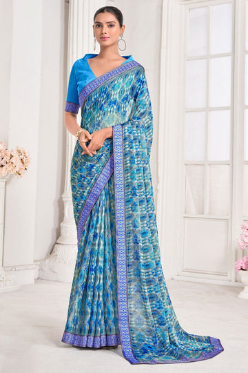 Sky Blue Chiffon Printed Party Wear Saree