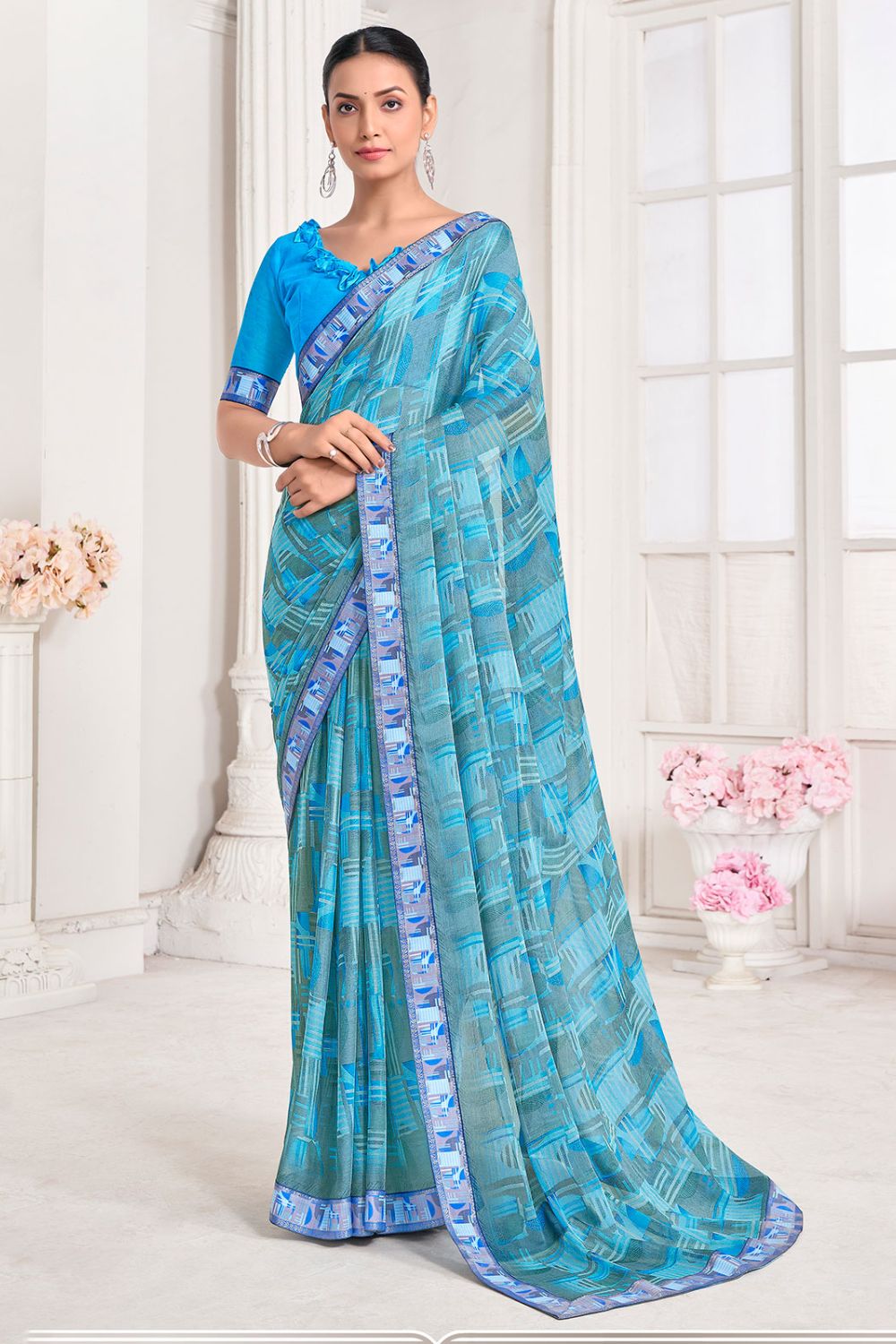 Sky Blue Chiffon Printed Party Wear Saree