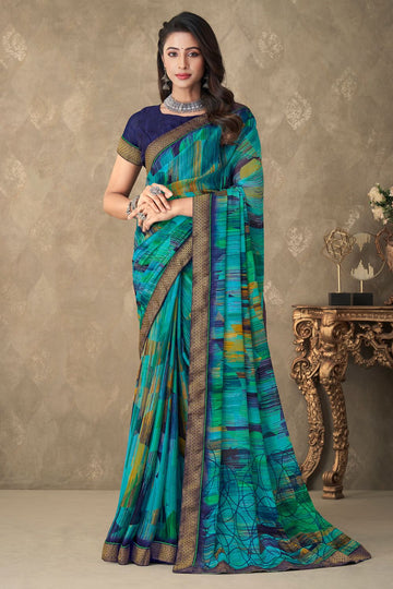 Sky Blue Chiffon Printed Casual Wear Saree