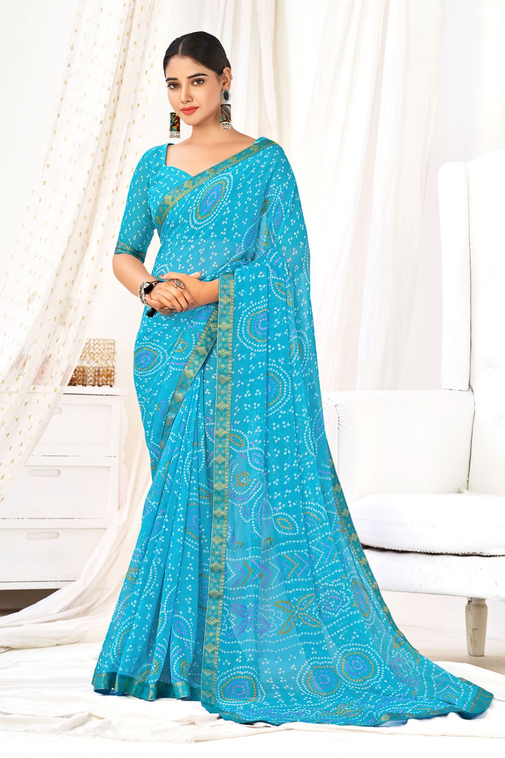 Sky Blue Chiffon Printed Casual Wear Saree