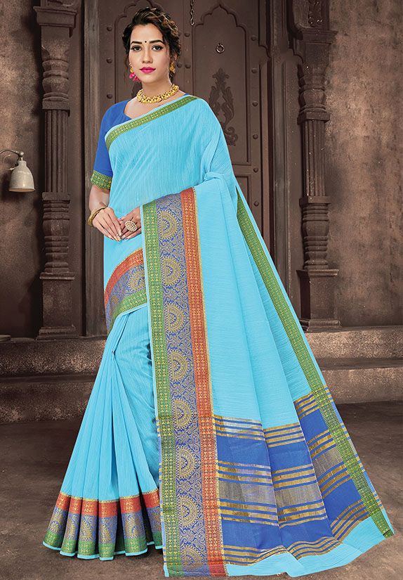 Sky Blue Cotton Handloom Saree for Festival