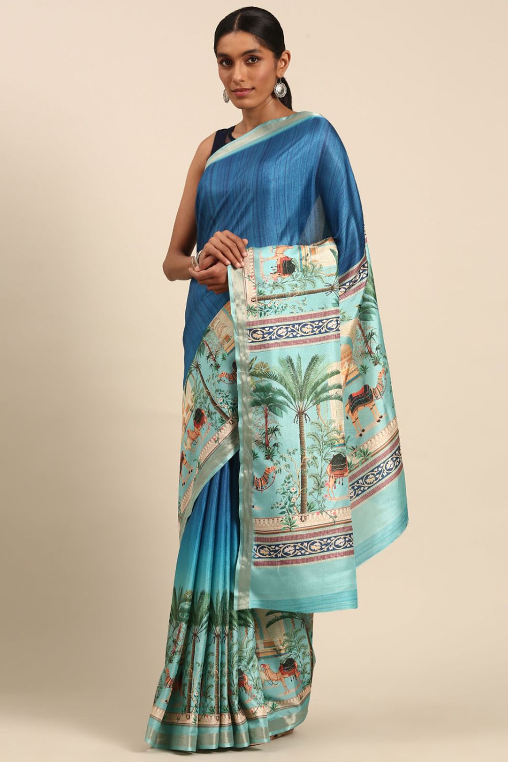 Sky Blue Printed Cotton Saree