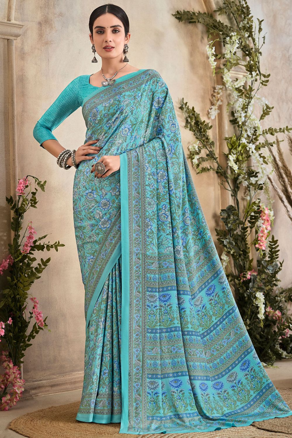 Sky Blue Digital Print Silk Crepe Saree for Party