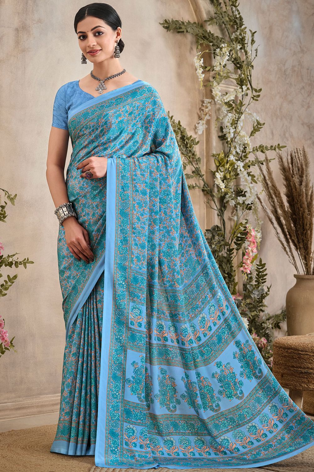 Sky Blue Digital Print Silk Crepe Saree for Party